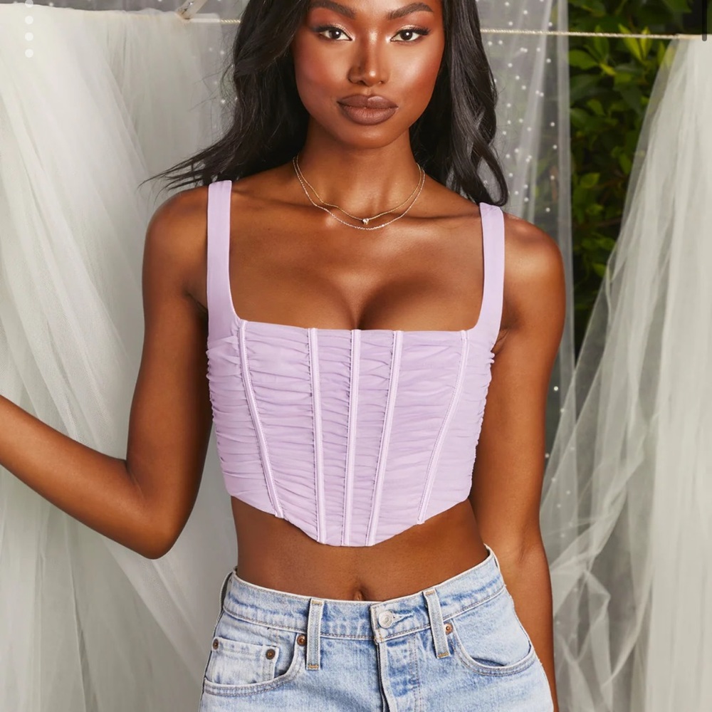 Wild Card Ruched Mesh Corset Crop Top in Lilac